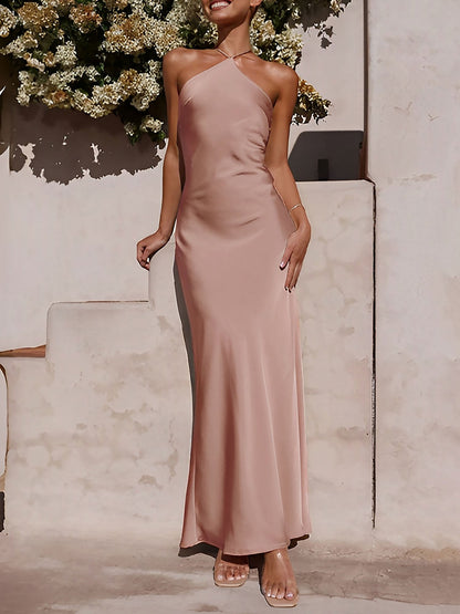 Satin Halter Sleeveless Backless Wedding Maxi Dress