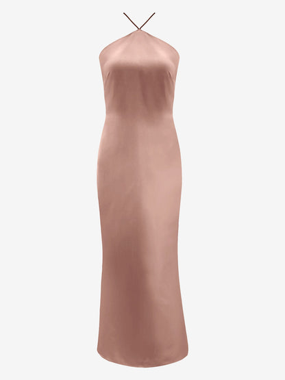 Satin Halter Sleeveless Backless Wedding Maxi Dress