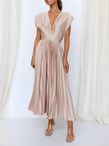 Elegant Deep V Neck Cap Sleeves Luxe Satin Pleated Midi Office Dress