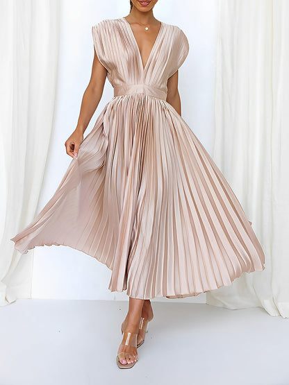 Elegant Deep V Neck Cap Sleeves Luxe Satin Pleated Midi Office Dress
