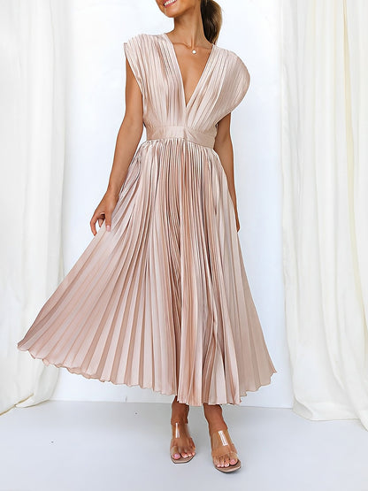 Elegant Deep V Neck Cap Sleeves Luxe Satin Pleated Midi Office Dress