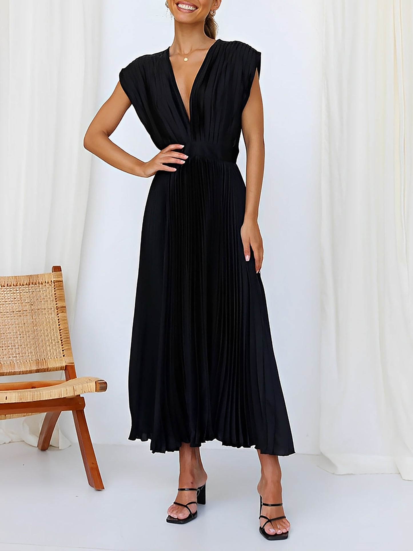 Elegant Deep V Neck Cap Sleeves Luxe Satin Pleated Midi Office Dress
