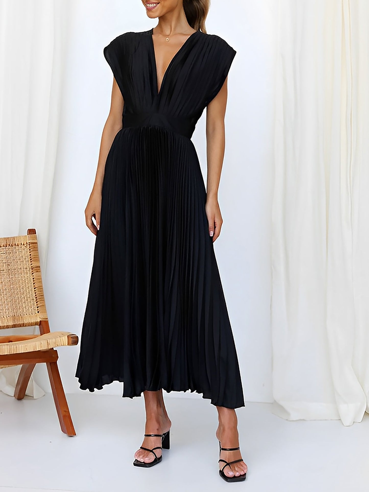 Elegant Deep V Neck Cap Sleeves Luxe Satin Pleated Midi Office Dress