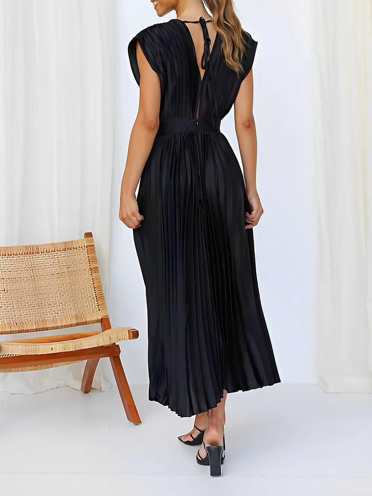 Elegant Deep V Neck Cap Sleeves Luxe Satin Pleated Midi Office Dress