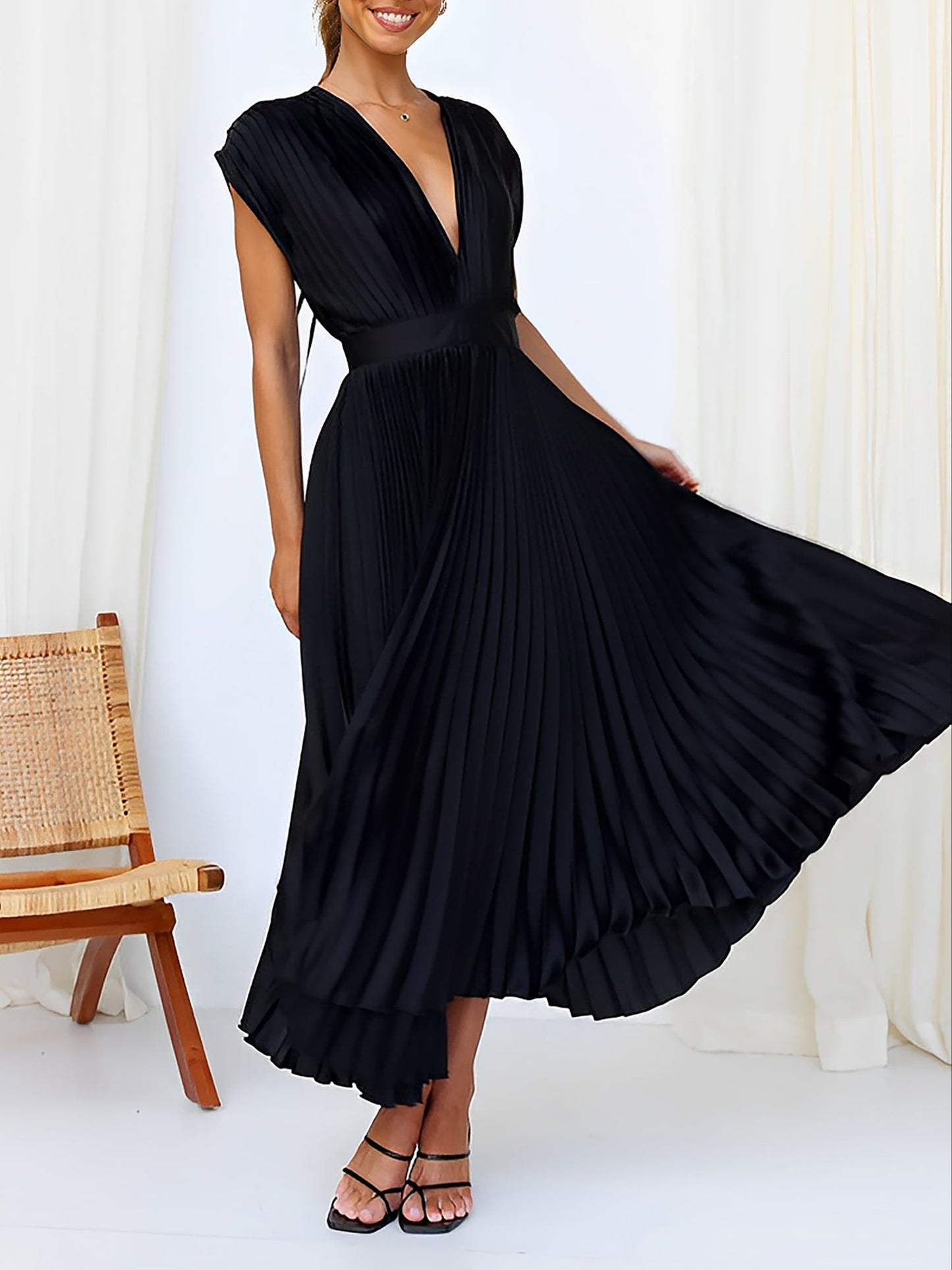 Elegant Deep V Neck Cap Sleeves Luxe Satin Pleated Midi Office Dress