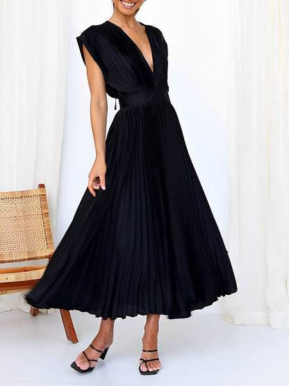 Elegant Deep V Neck Cap Sleeves Luxe Satin Pleated Midi Office Dress