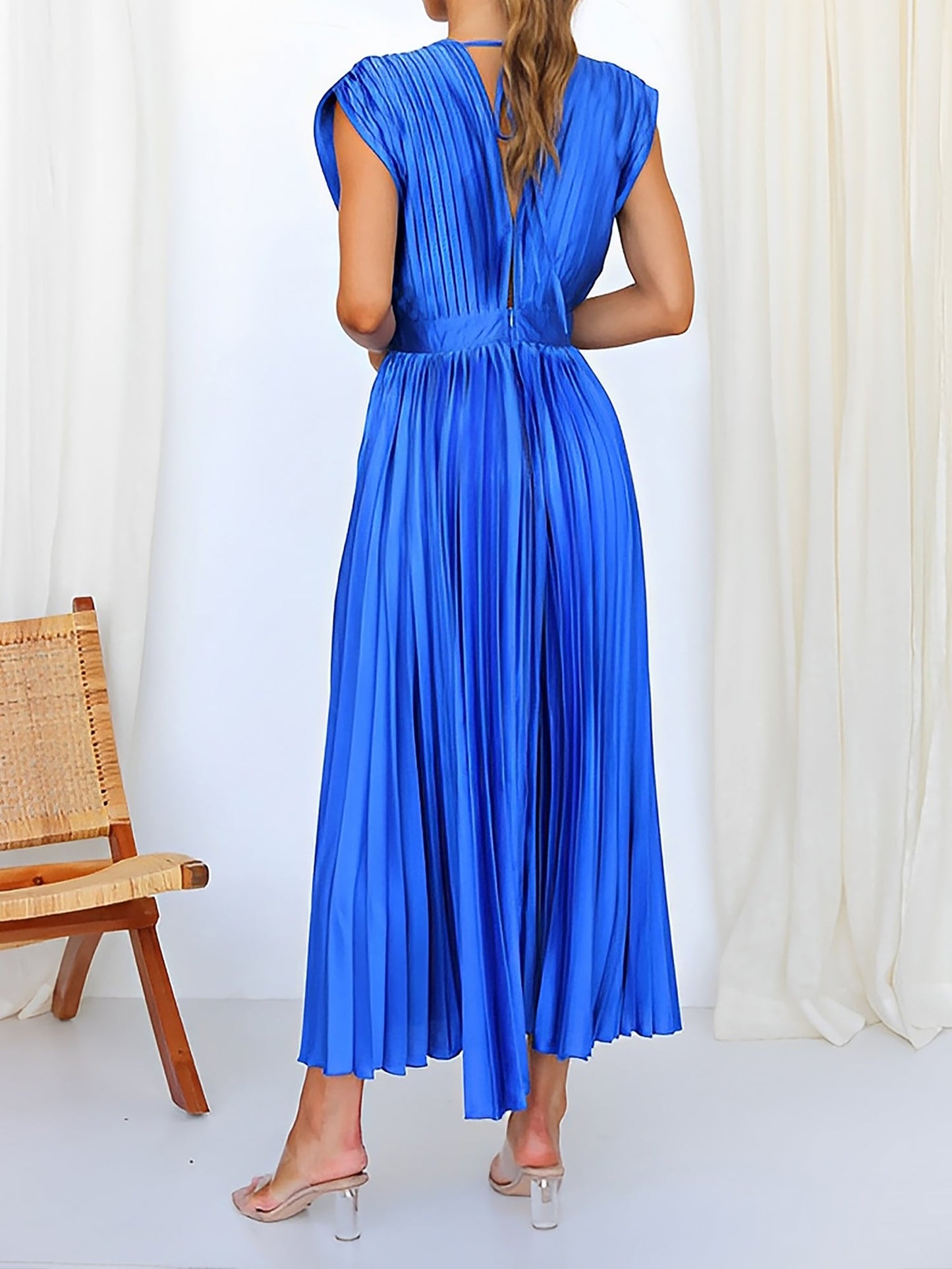 Elegant Deep V Neck Cap Sleeves Luxe Satin Pleated Midi Office Dress