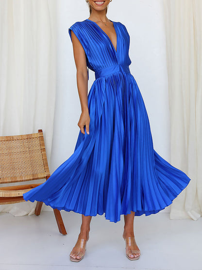 Elegant Deep V Neck Cap Sleeves Luxe Satin Pleated Midi Office Dress