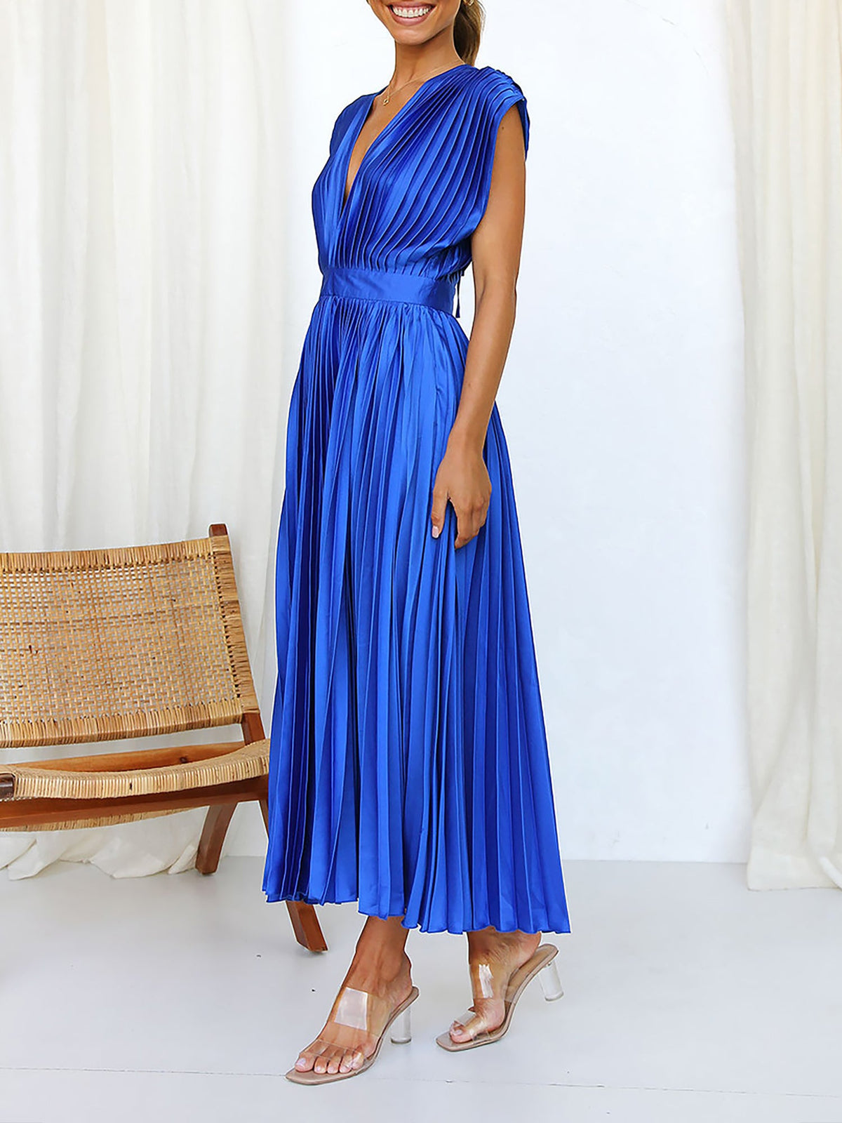 Elegant Deep V Neck Cap Sleeves Luxe Satin Pleated Midi Office Dress