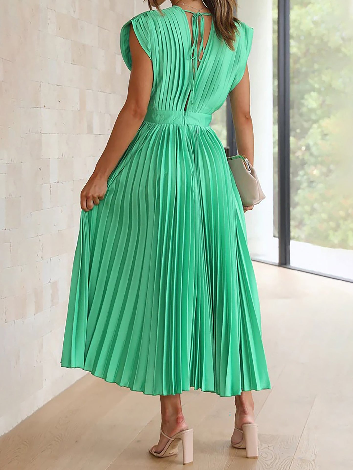 Elegant Deep V Neck Cap Sleeves Luxe Satin Pleated Midi Office Dress