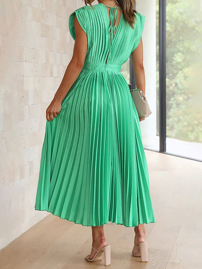 Elegant Deep V Neck Cap Sleeves Luxe Satin Pleated Midi Office Dress