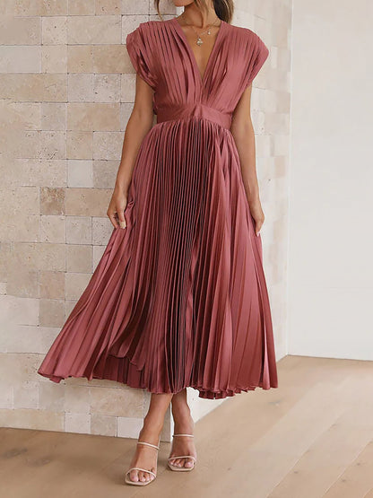Elegant Deep V Neck Cap Sleeves Luxe Satin Pleated Midi Office Dress