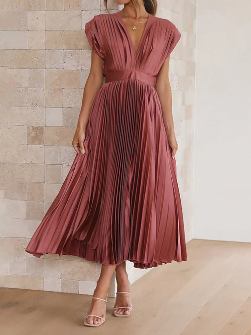 Elegant Deep V Neck Cap Sleeves Luxe Satin Pleated Midi Office Dress