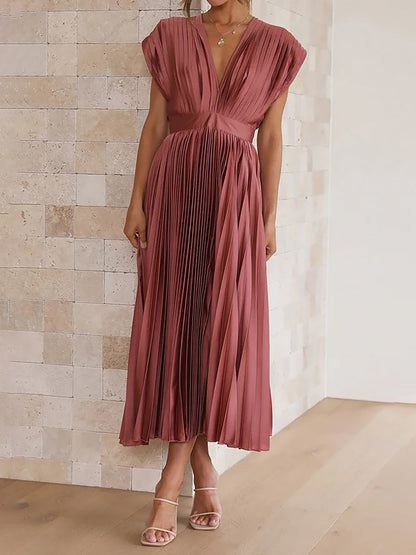Elegant Deep V Neck Cap Sleeves Luxe Satin Pleated Midi Office Dress