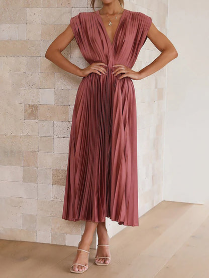 Elegant Deep V Neck Cap Sleeves Luxe Satin Pleated Midi Office Dress
