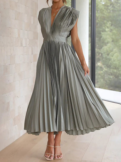 Elegant Deep V Neck Cap Sleeves Luxe Satin Pleated Midi Office Dress