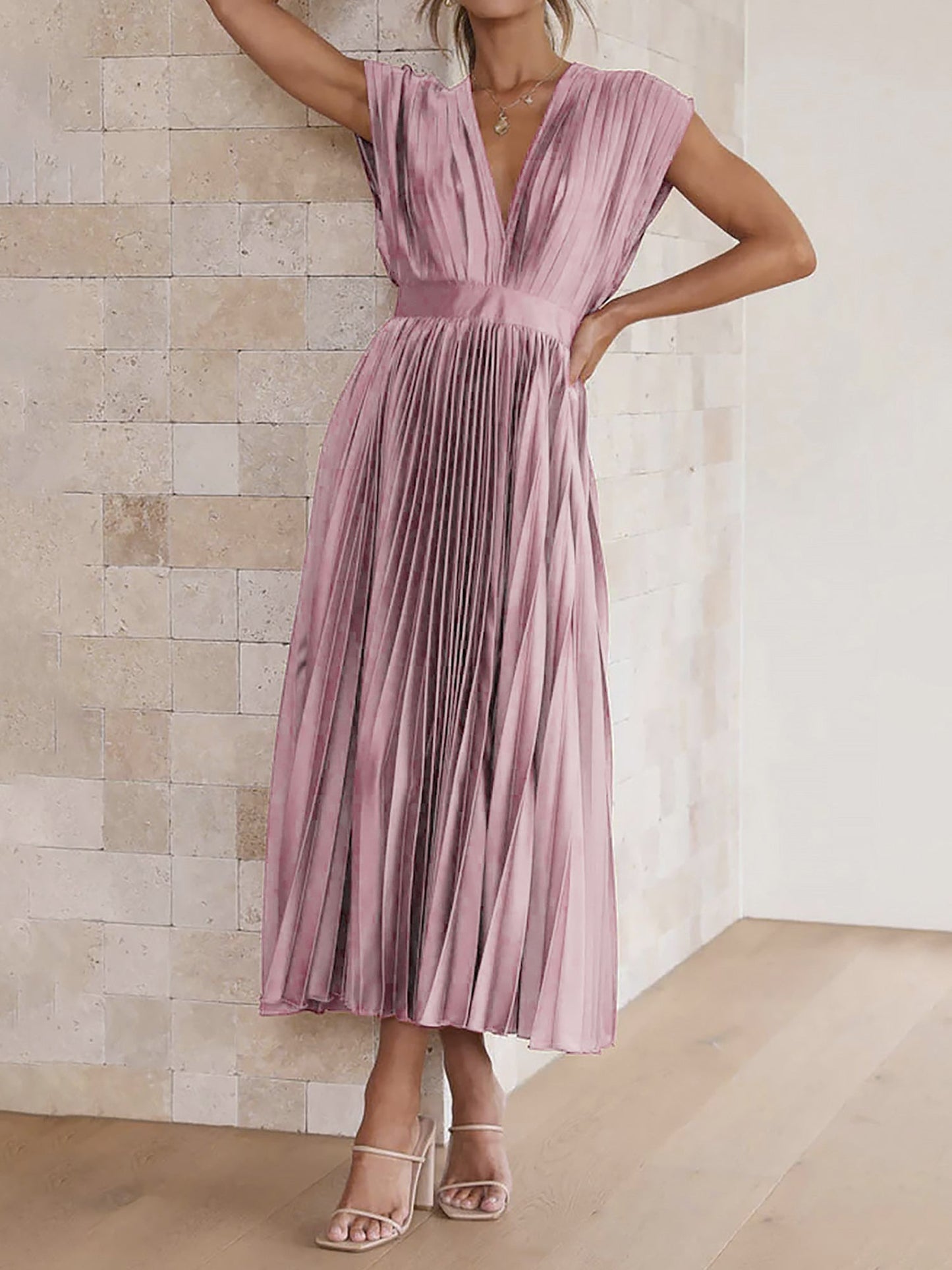 Elegant Deep V Neck Cap Sleeves Luxe Satin Pleated Midi Office Dress
