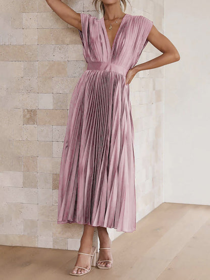 Elegant Deep V Neck Cap Sleeves Luxe Satin Pleated Midi Office Dress