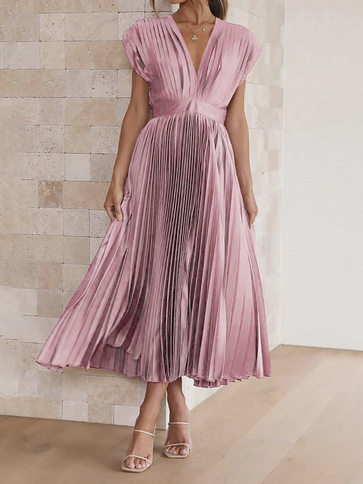 Elegant Deep V Neck Cap Sleeves Luxe Satin Pleated Midi Office Dress