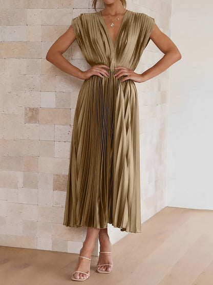 Elegant Deep V Neck Cap Sleeves Luxe Satin Pleated Midi Office Dress