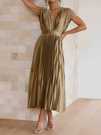Elegant Deep V Neck Cap Sleeves Luxe Satin Pleated Midi Office Dress