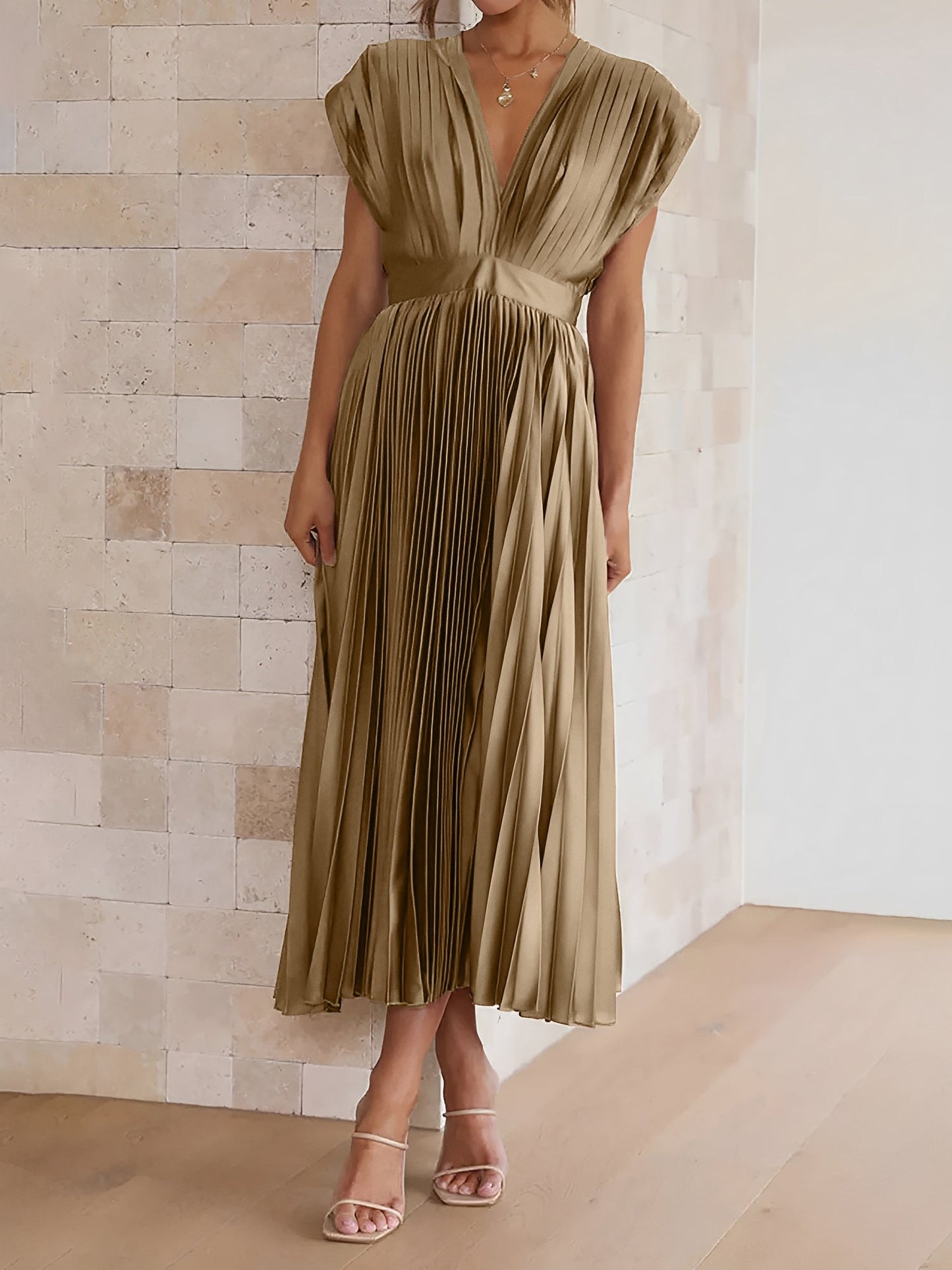 Elegant Deep V Neck Cap Sleeves Luxe Satin Pleated Midi Office Dress