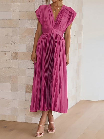 Elegant Deep V Neck Cap Sleeves Luxe Satin Pleated Midi Office Dress