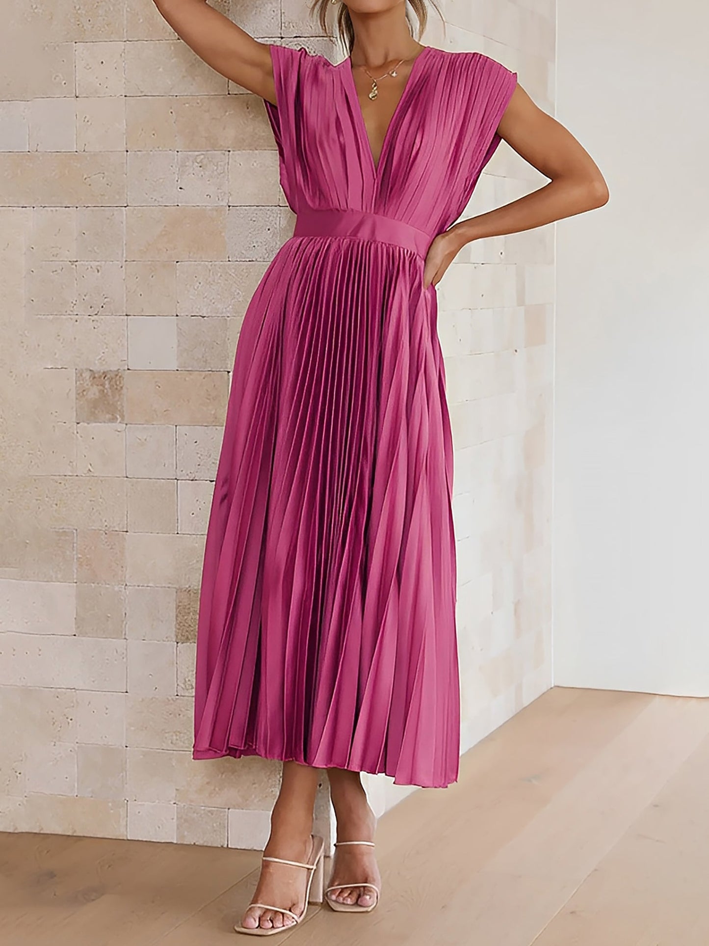 Elegant Deep V Neck Cap Sleeves Luxe Satin Pleated Midi Office Dress