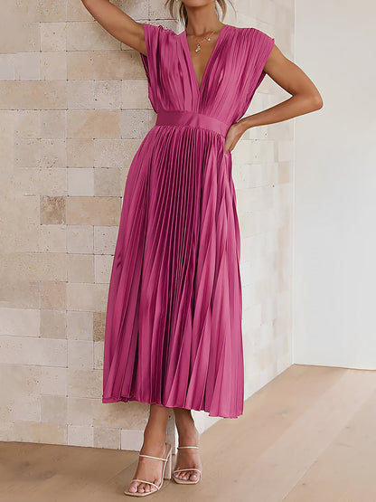 Elegant Deep V Neck Cap Sleeves Luxe Satin Pleated Midi Office Dress