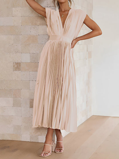 Elegant Deep V Neck Cap Sleeves Luxe Satin Pleated Midi Office Dress