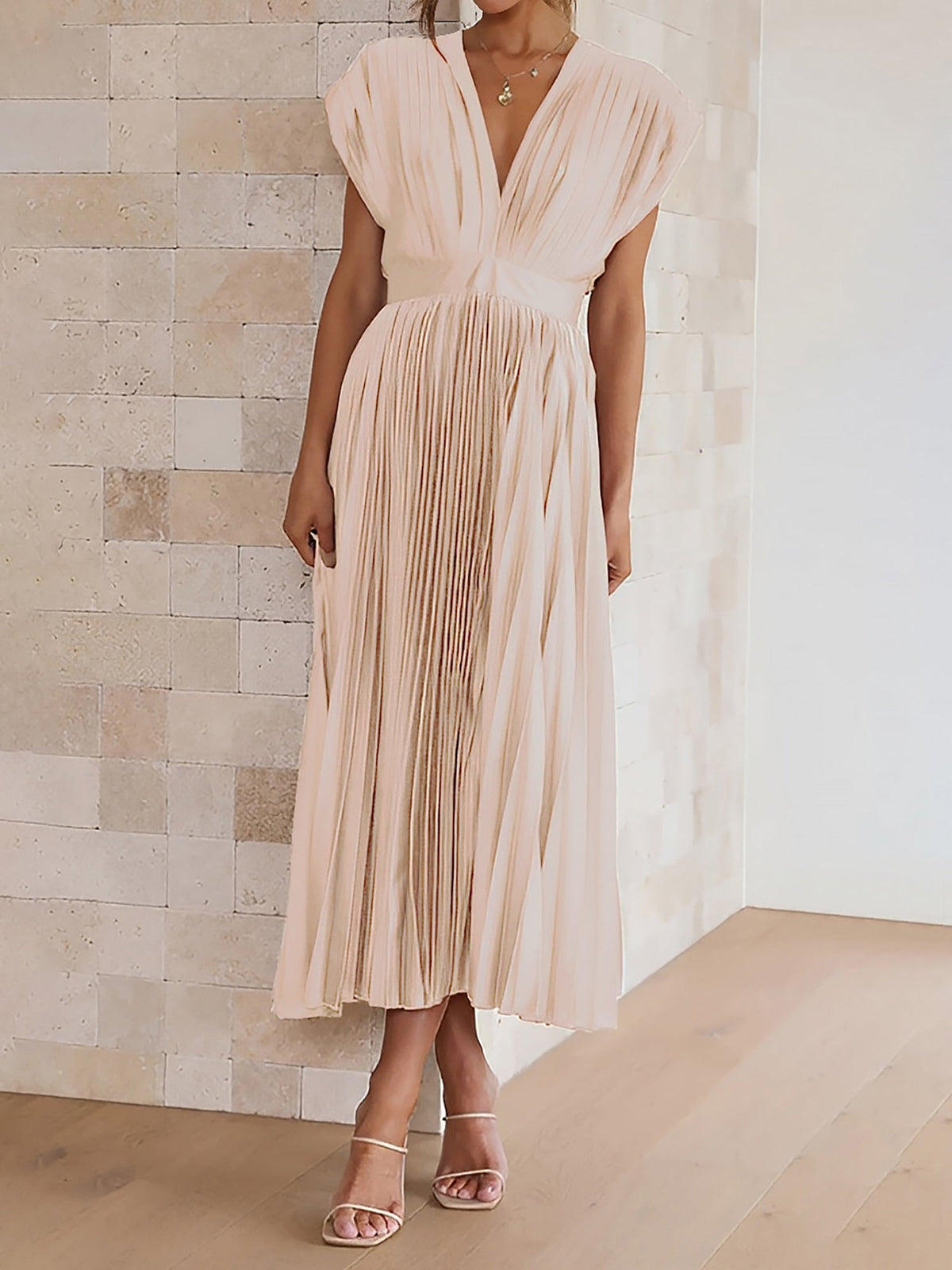 Elegant Deep V Neck Cap Sleeves Luxe Satin Pleated Midi Office Dress