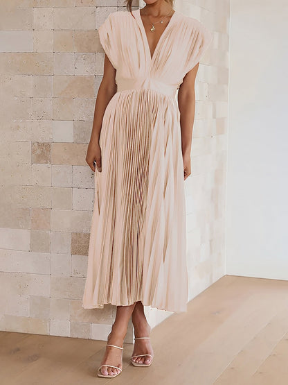 Elegant Deep V Neck Cap Sleeves Luxe Satin Pleated Midi Office Dress