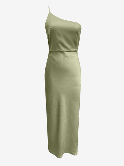 One Shoulder Spaghetti Strap Backless Satin Dress
