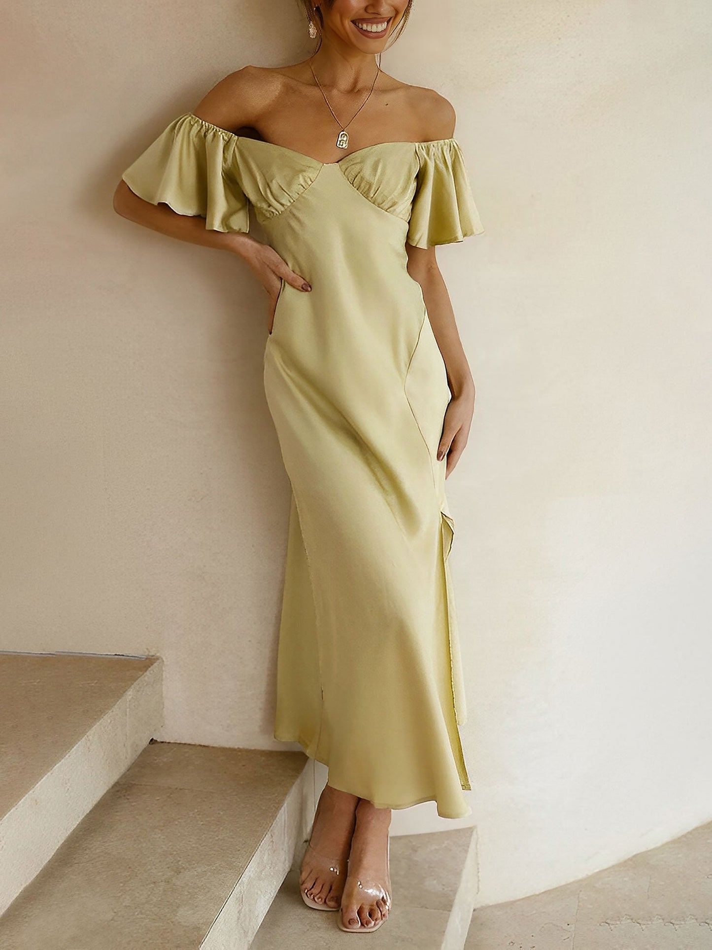 Ruffled Off Shoulder Slit Satin Midi Wedding Dress