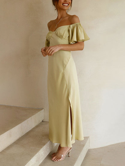 Ruffled Off Shoulder Slit Satin Midi Wedding Dress