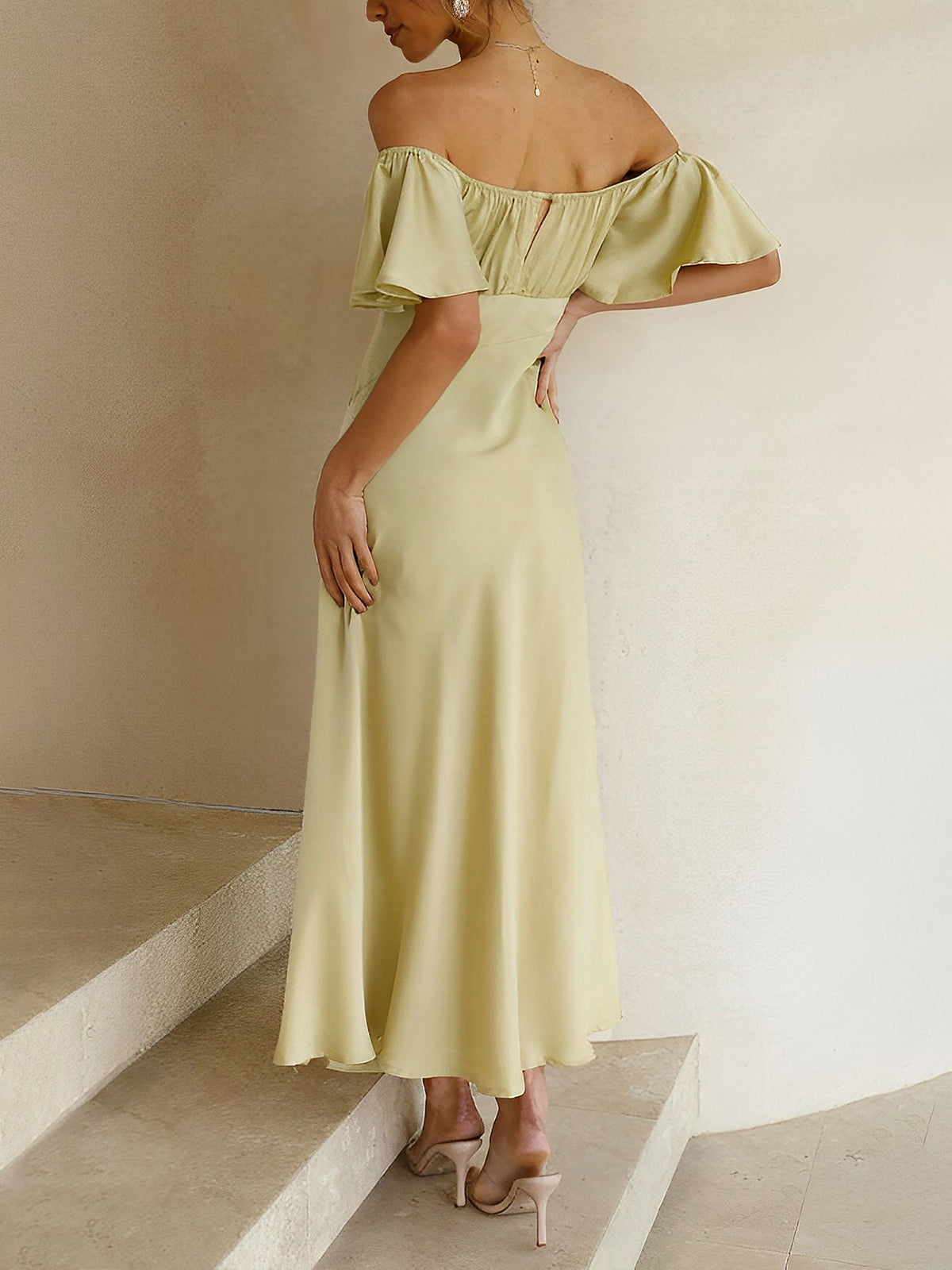Ruffled Off Shoulder Slit Satin Midi Wedding Dress
