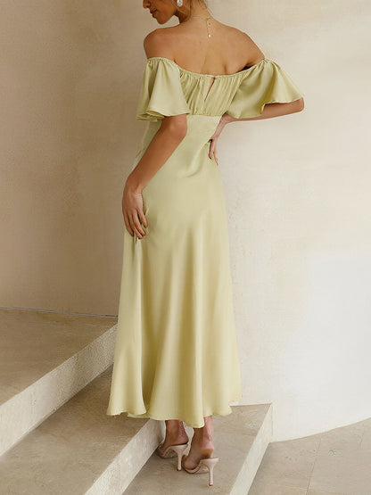 Ruffled Off Shoulder Slit Satin Midi Wedding Dress