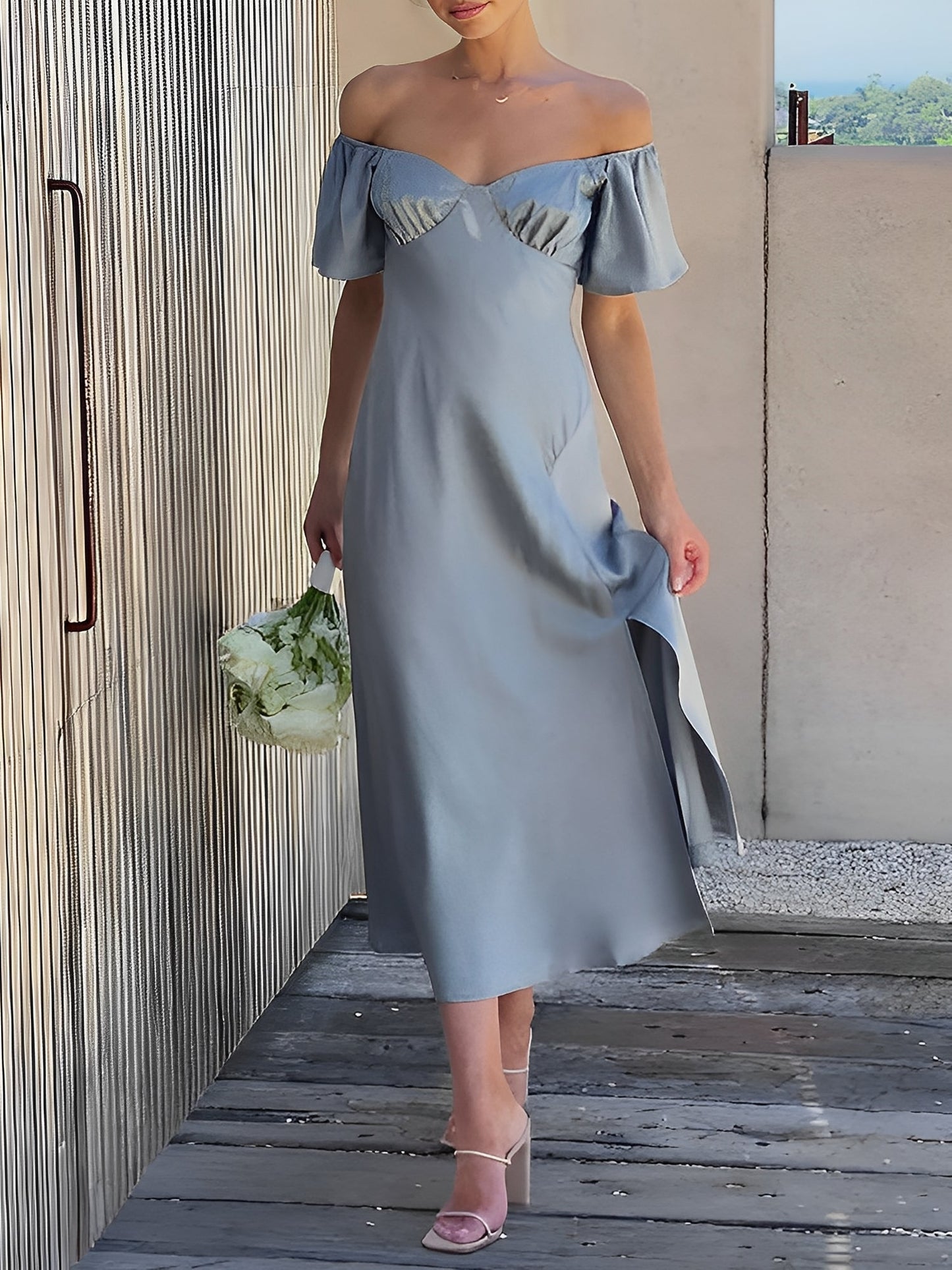Ruffled Off Shoulder Slit Satin Midi Wedding Dress