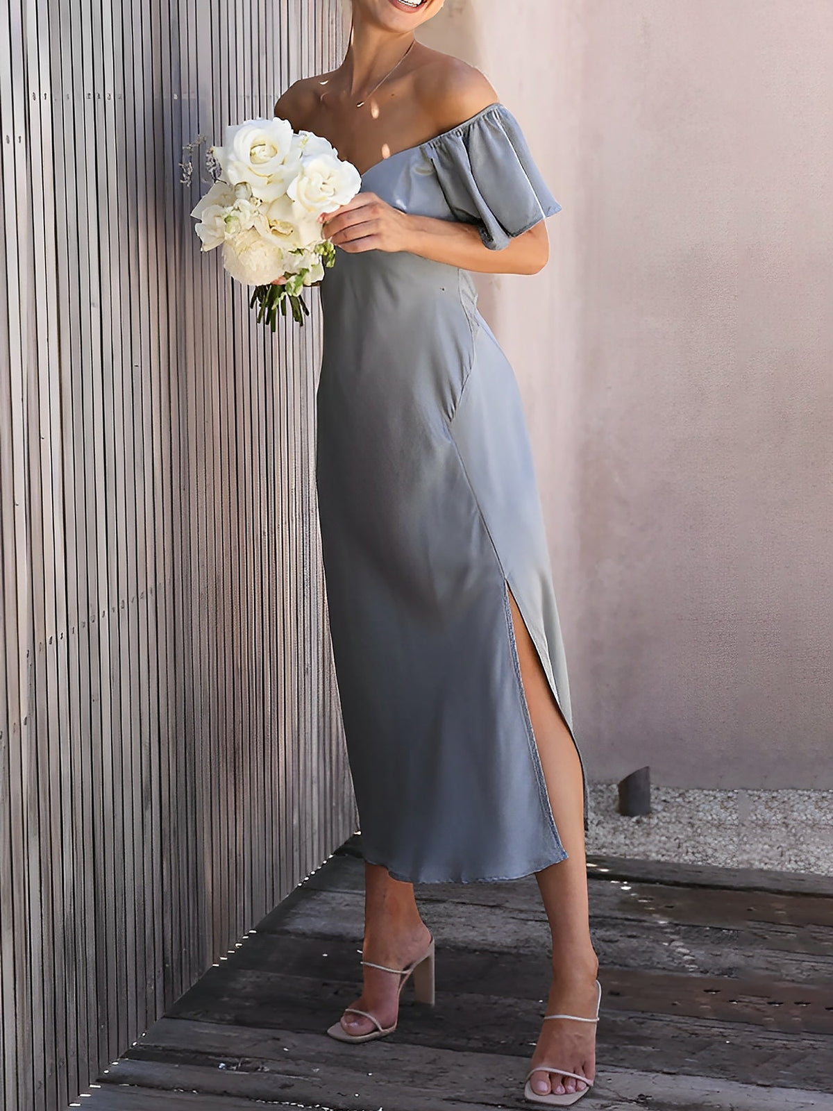 Ruffled Off Shoulder Slit Satin Midi Wedding Dress