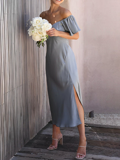 Ruffled Off Shoulder Slit Satin Midi Wedding Dress