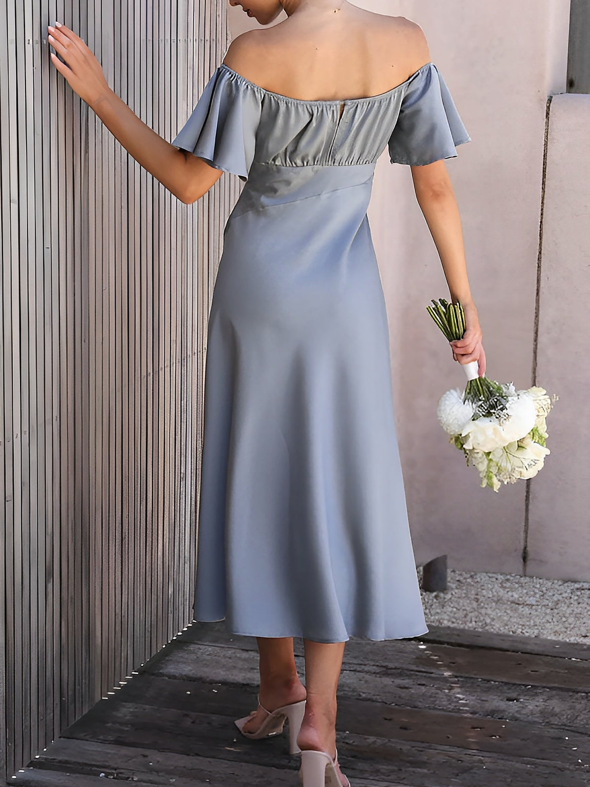 Ruffled Off Shoulder Slit Satin Midi Wedding Dress