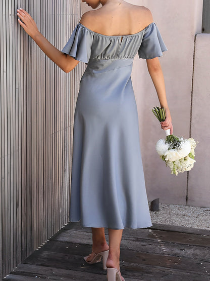 Ruffled Off Shoulder Slit Satin Midi Wedding Dress