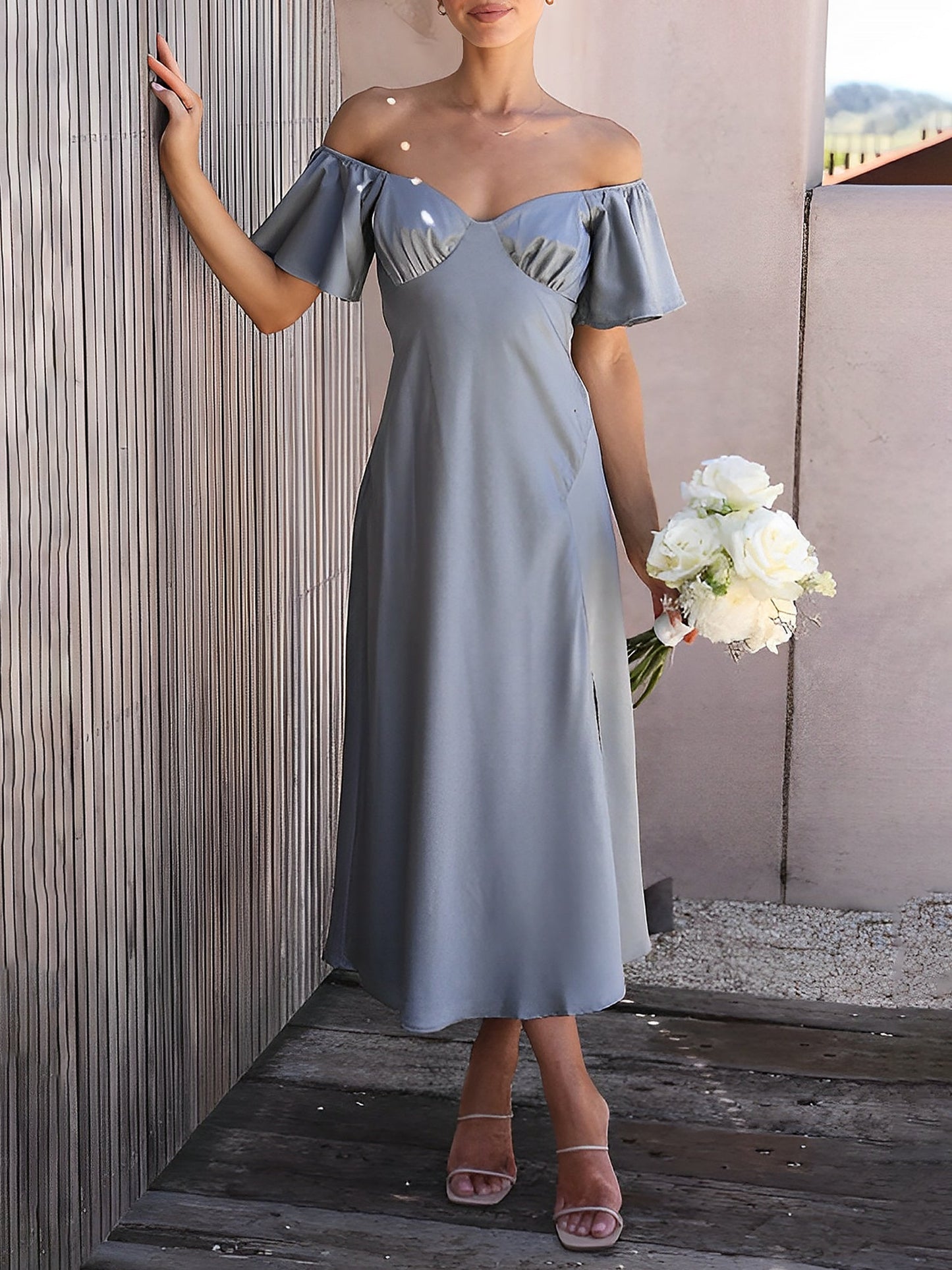 Ruffled Off Shoulder Slit Satin Midi Wedding Dress