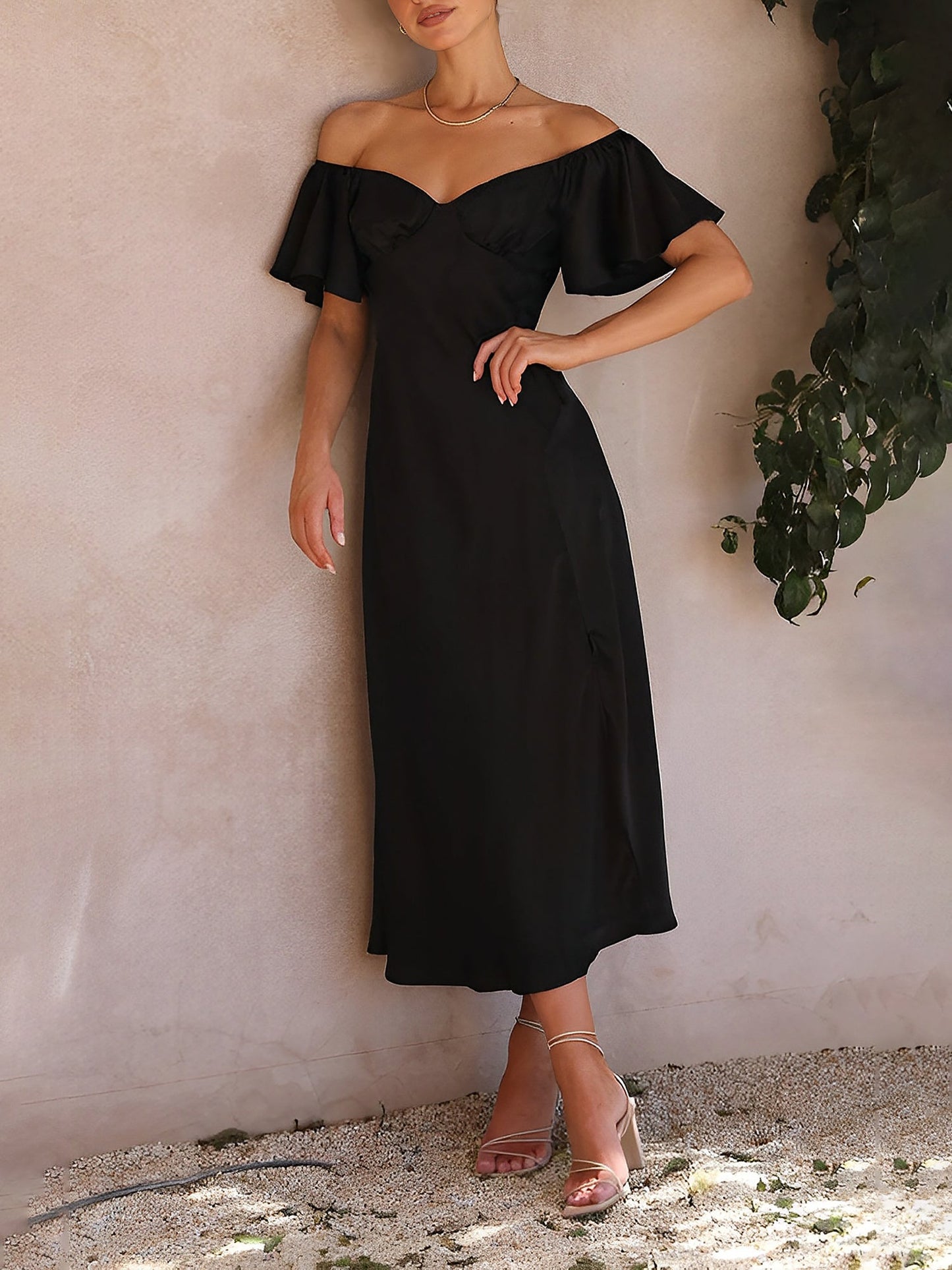 Ruffled Off Shoulder Slit Satin Midi Wedding Dress