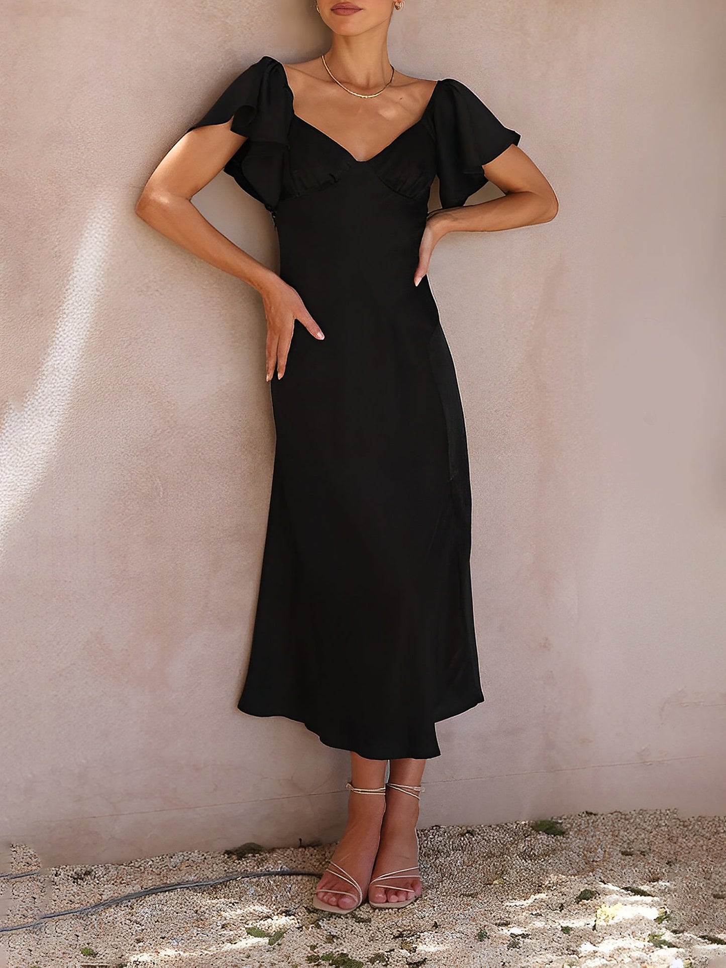 Ruffled Off Shoulder Slit Satin Midi Wedding Dress