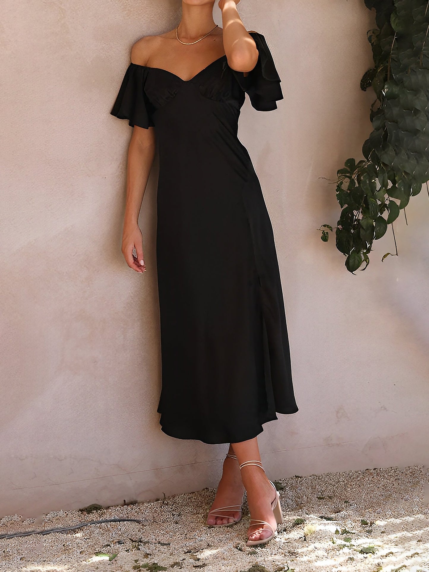 Ruffled Off Shoulder Slit Satin Midi Wedding Dress