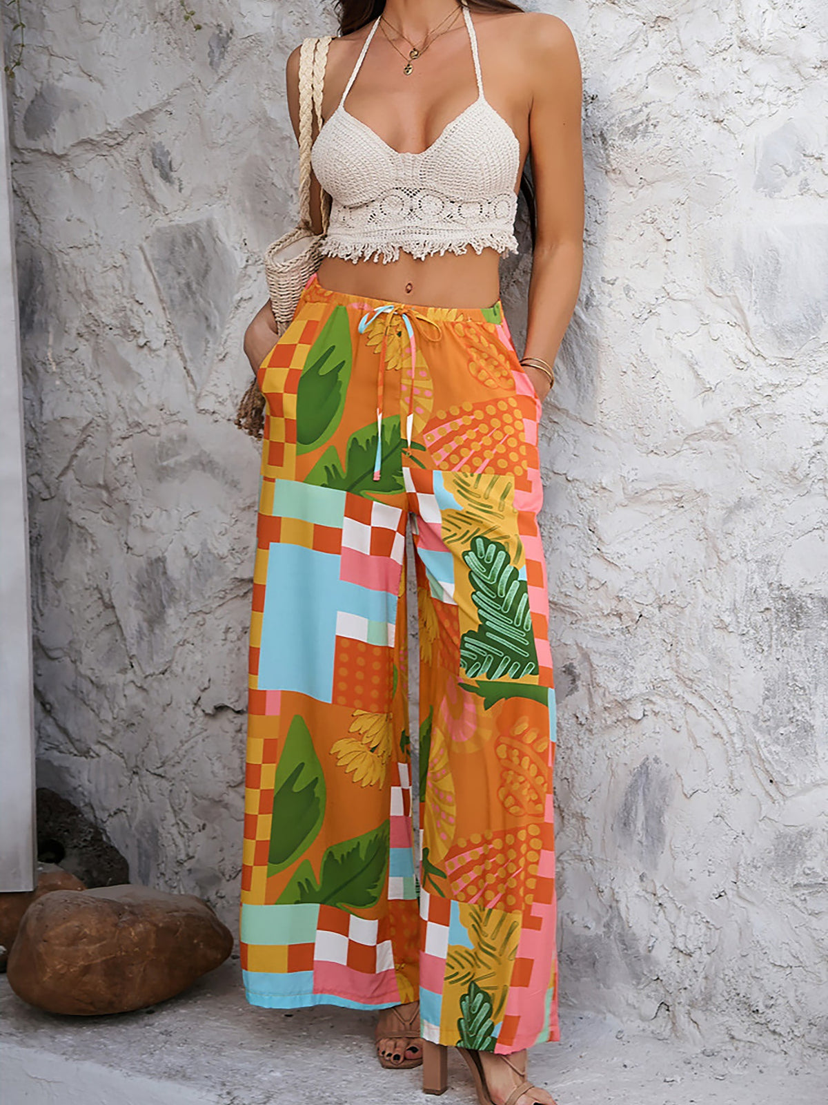 Casual Streetwear with Graphic Printed Elastic Waist Wide Relaxed Fit Leg Pants