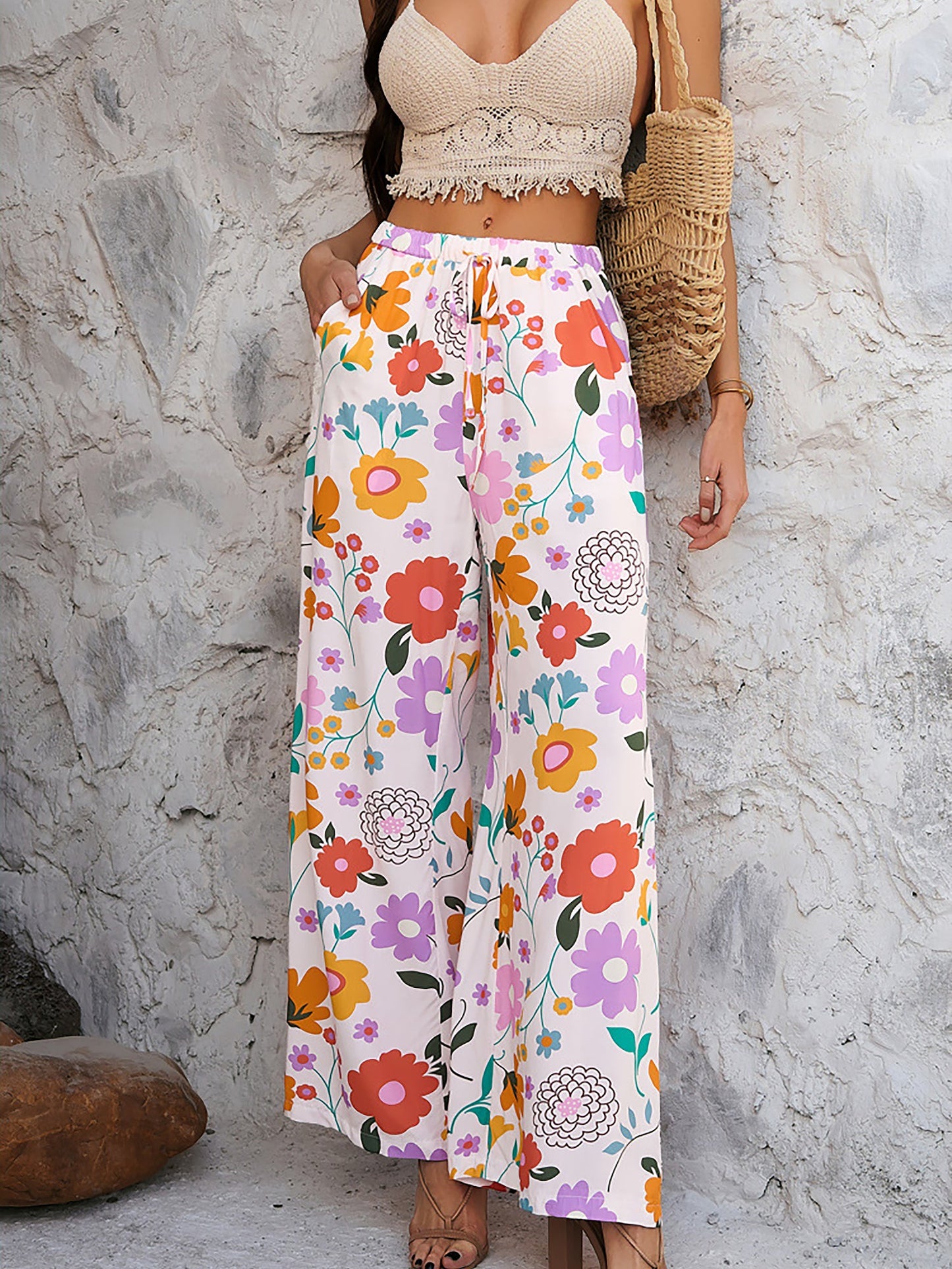 Casual Streetwear with Graphic Printed Elastic Waist Wide Relaxed Fit Leg Pants