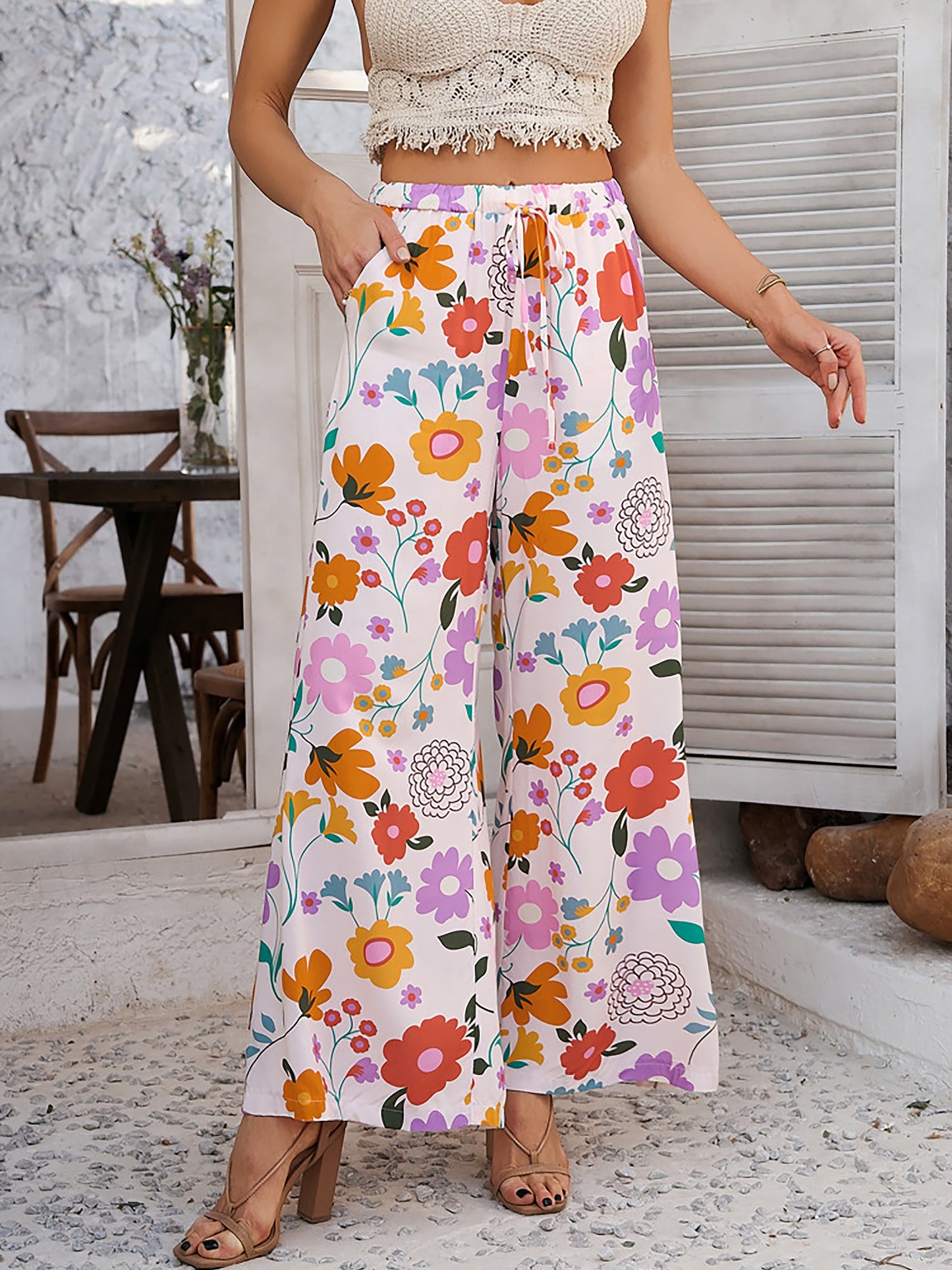 Casual Streetwear with Graphic Printed Elastic Waist Wide Relaxed Fit Leg Pants