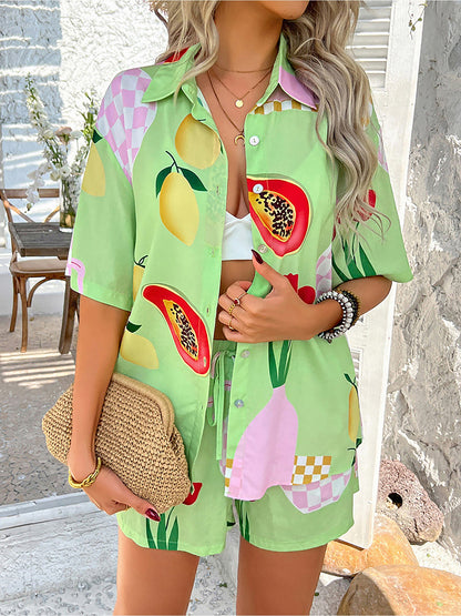 2 Pieces Graphic Printed Short Sleeves Shirt & Shorts Beach Set